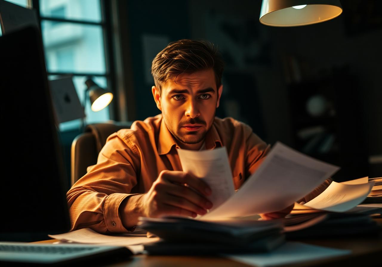 Empresário preocupado analisando contas no escritório