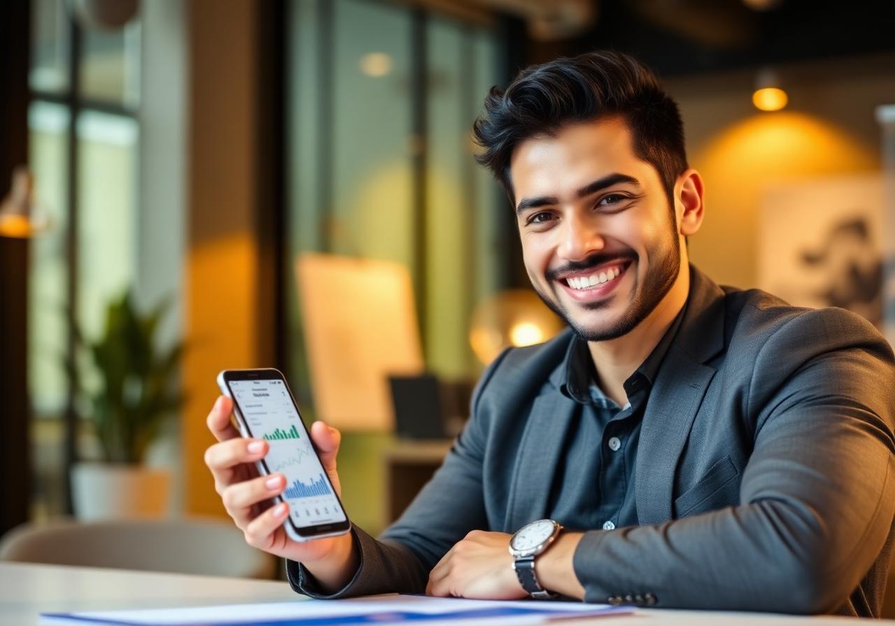 Empresário satisfeito com resultados financeiros